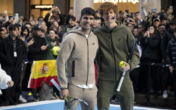 TURIN, ITALY - NOVEMBER 10: Carlos Alcaraz and Jannik Sinner play in the city centre for a promotional event during the Nitto ATP Finals 2023 on November 10, 2023 in Turin, Italy. (Photo by Giorgio Perottino/Getty Images for Citta Di Torino)